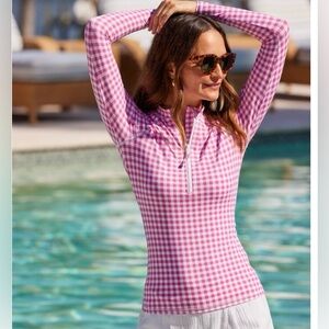 J McLaughlin Mckenzie Rash Guard Swim Top Long Sleeve Pink & White Gingham L